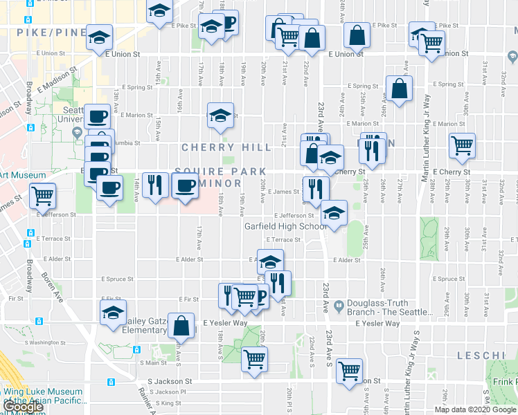 map of restaurants, bars, coffee shops, grocery stores, and more near 525 20th Avenue in Seattle