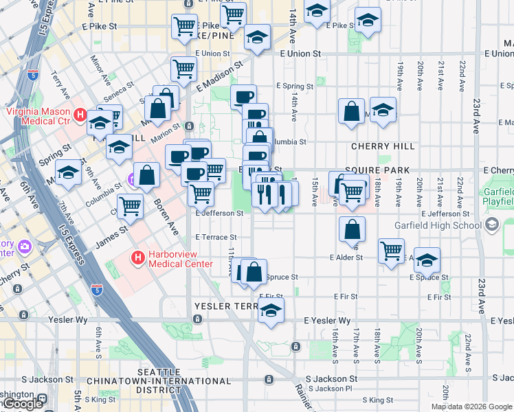 map of restaurants, bars, coffee shops, grocery stores, and more near 1212 East Barclay Court in Seattle
