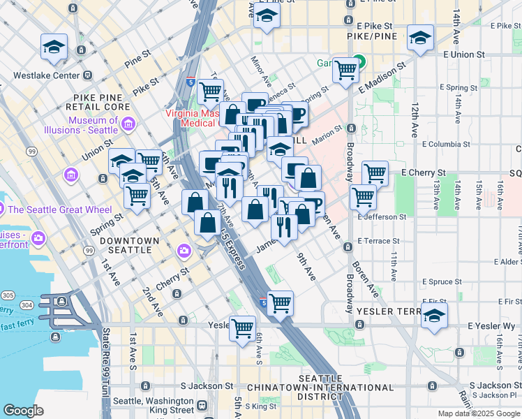 map of restaurants, bars, coffee shops, grocery stores, and more near in Seattle