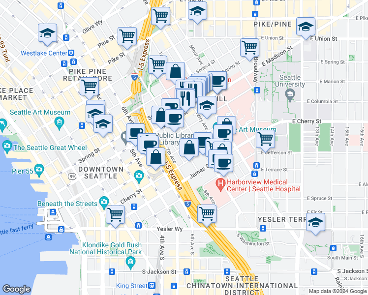 map of restaurants, bars, coffee shops, grocery stores, and more near in Seattle