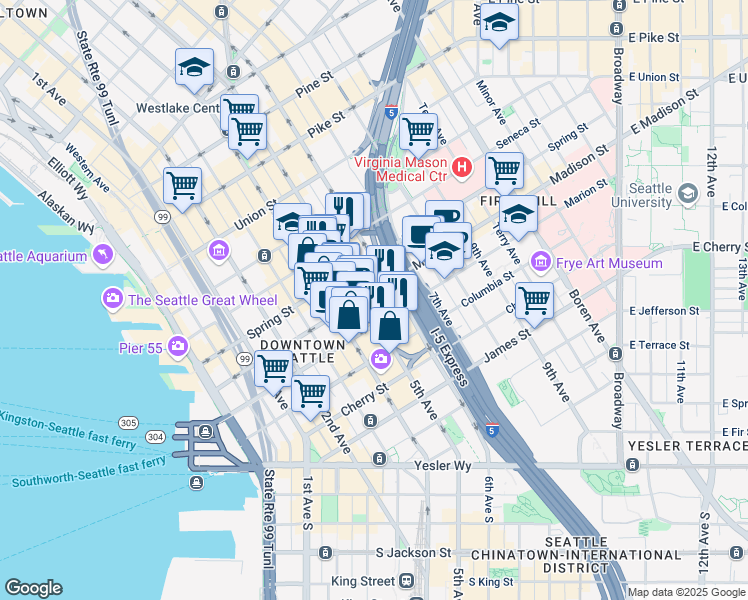 map of restaurants, bars, coffee shops, grocery stores, and more near in Seattle