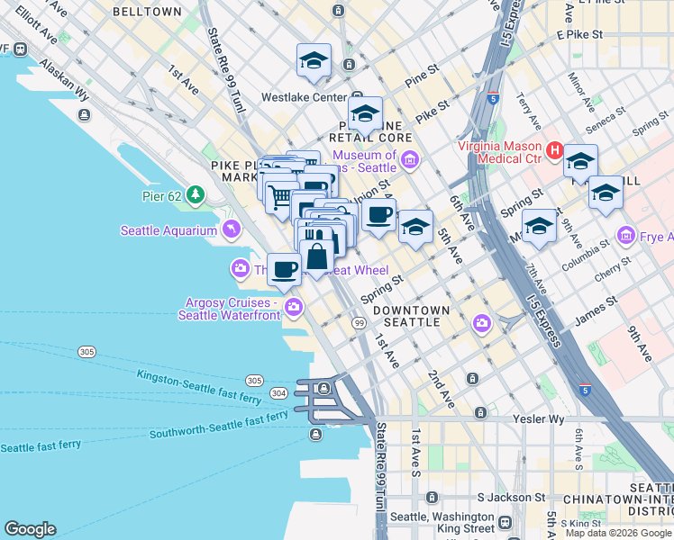 map of restaurants, bars, coffee shops, grocery stores, and more near 1301 1st Avenue in Seattle