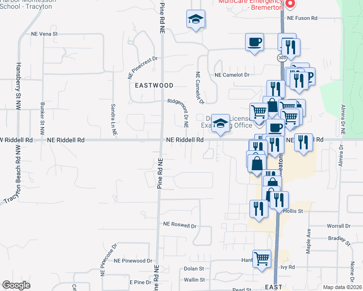 map of restaurants, bars, coffee shops, grocery stores, and more near 4820 Ridgemont Drive Northeast in Bremerton