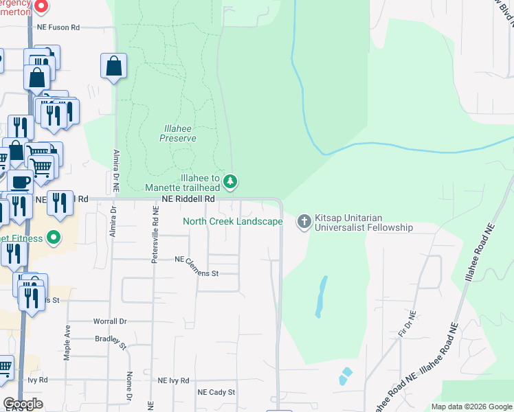 map of restaurants, bars, coffee shops, grocery stores, and more near 2503 Northeast Riddell Road in Bremerton