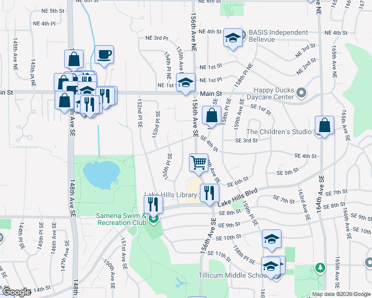 map of restaurants, bars, coffee shops, grocery stores, and more near 416 155th Avenue Southeast in Bellevue