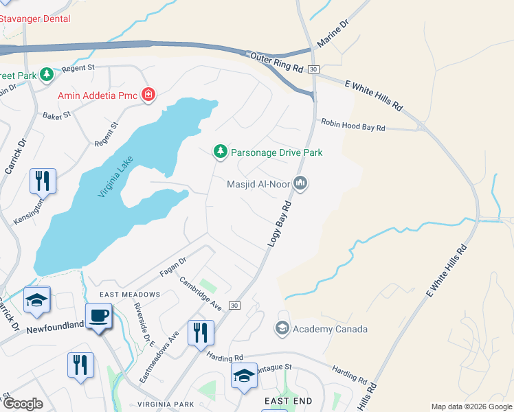 map of restaurants, bars, coffee shops, grocery stores, and more near 4 Cooks Lane in St. John's