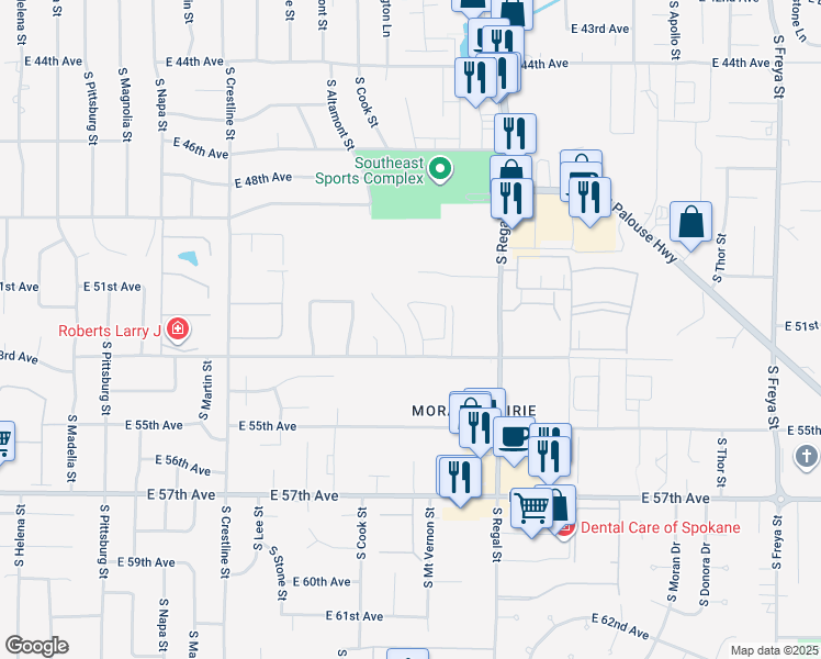 map of restaurants, bars, coffee shops, grocery stores, and more near 5205 South Smith Court in Spokane