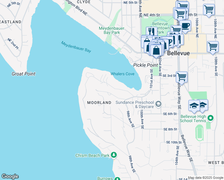 map of restaurants, bars, coffee shops, grocery stores, and more near 9532 Shoreland Drive Southeast in Bellevue