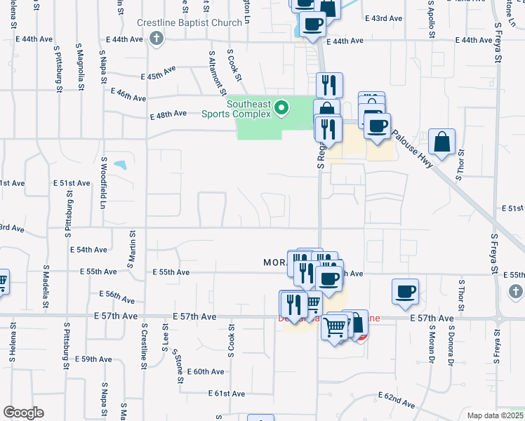 map of restaurants, bars, coffee shops, grocery stores, and more near 5205 South Smith Court in Spokane