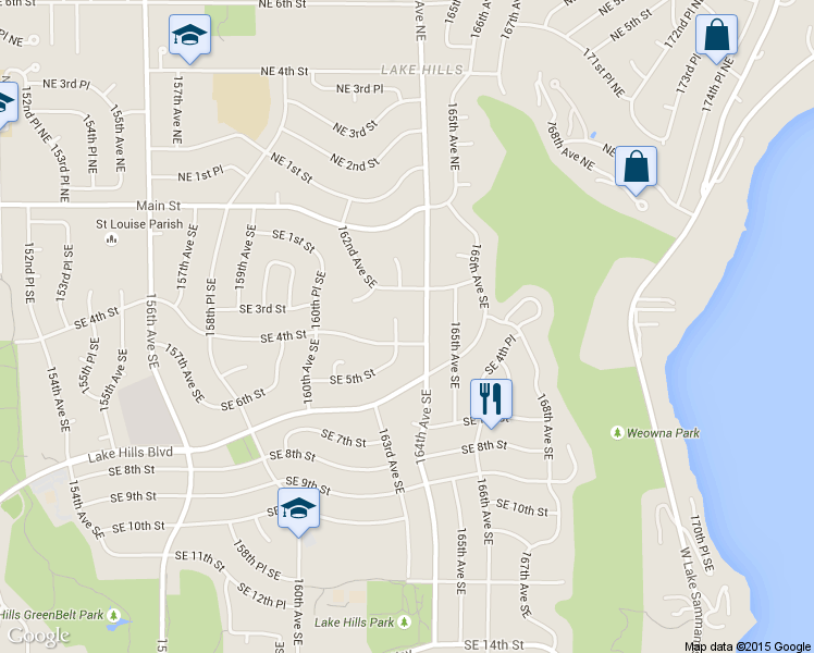 map of restaurants, bars, coffee shops, grocery stores, and more near 212 163rd Place Southeast in Bellevue