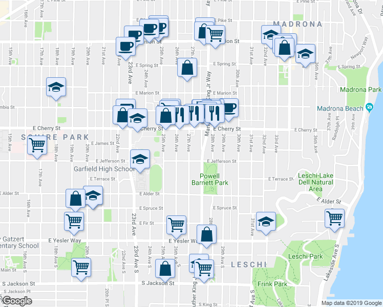 map of restaurants, bars, coffee shops, grocery stores, and more near 529 27th Avenue in Seattle
