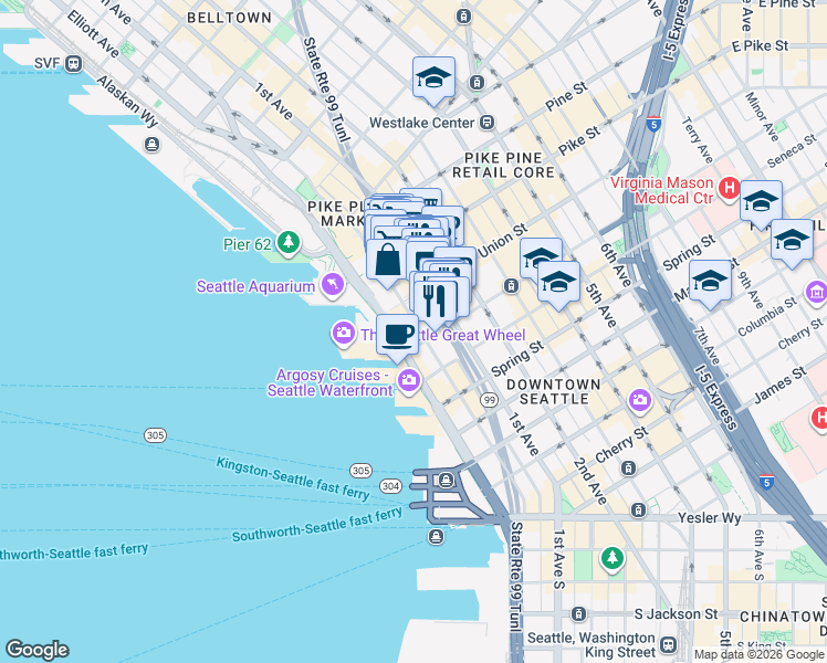 map of restaurants, bars, coffee shops, grocery stores, and more near 1319 Western Avenue in Seattle