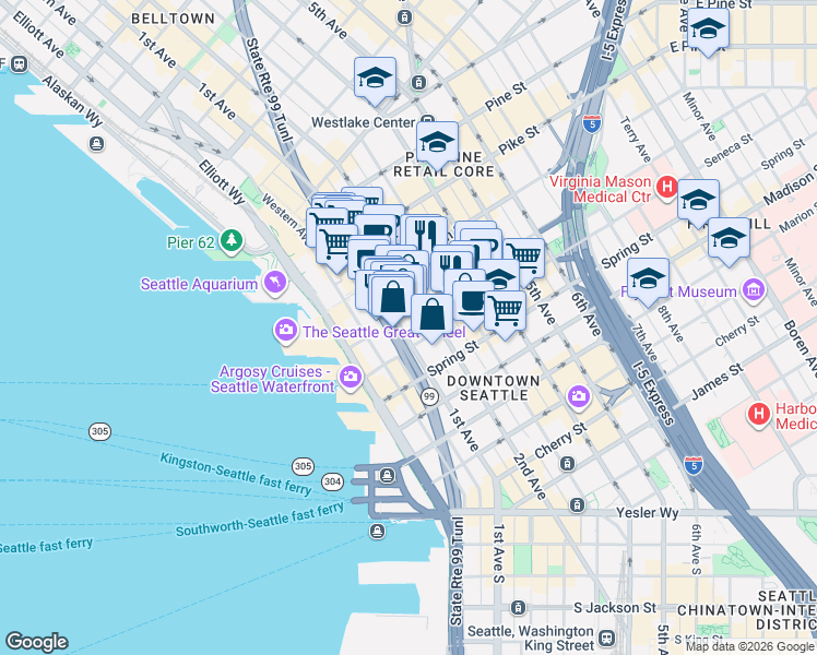 map of restaurants, bars, coffee shops, grocery stores, and more near 1212 1st Avenue in Seattle