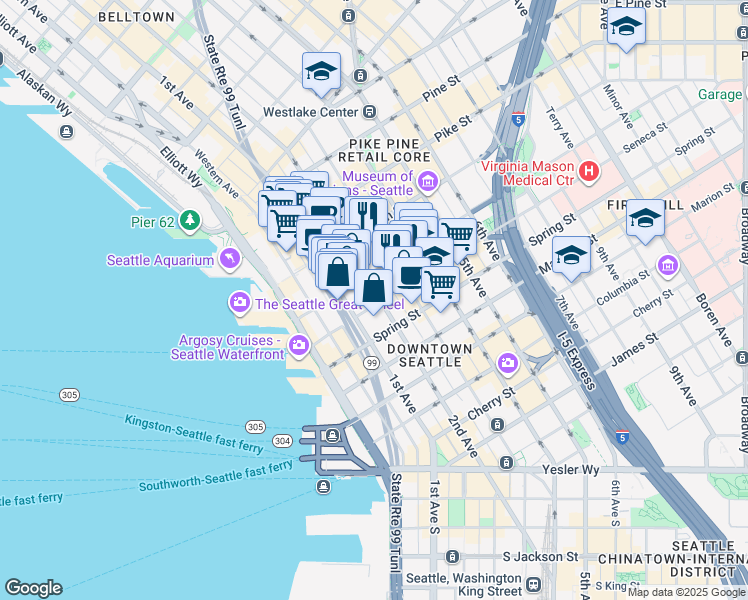 map of restaurants, bars, coffee shops, grocery stores, and more near 1201 2nd Avenue in Seattle