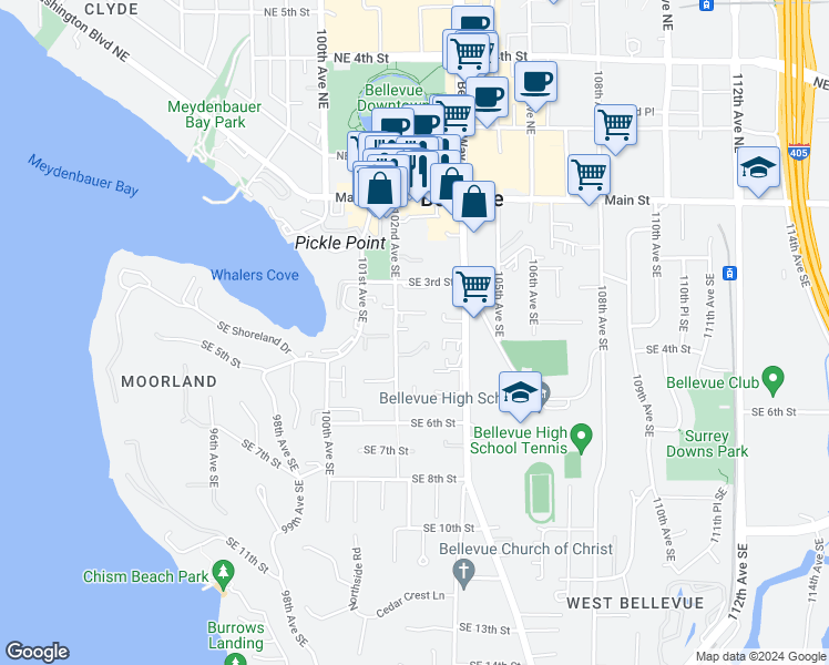 map of restaurants, bars, coffee shops, grocery stores, and more near 342 102nd Avenue Southeast in Bellevue