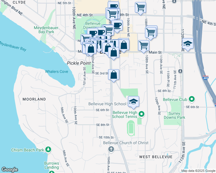 map of restaurants, bars, coffee shops, grocery stores, and more near 417 Bellevue Way Southeast in Bellevue