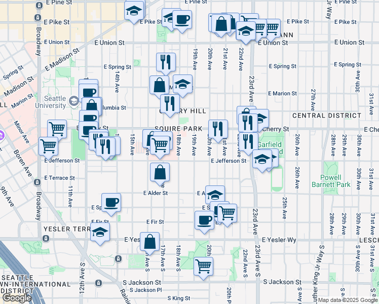 map of restaurants, bars, coffee shops, grocery stores, and more near in Seattle