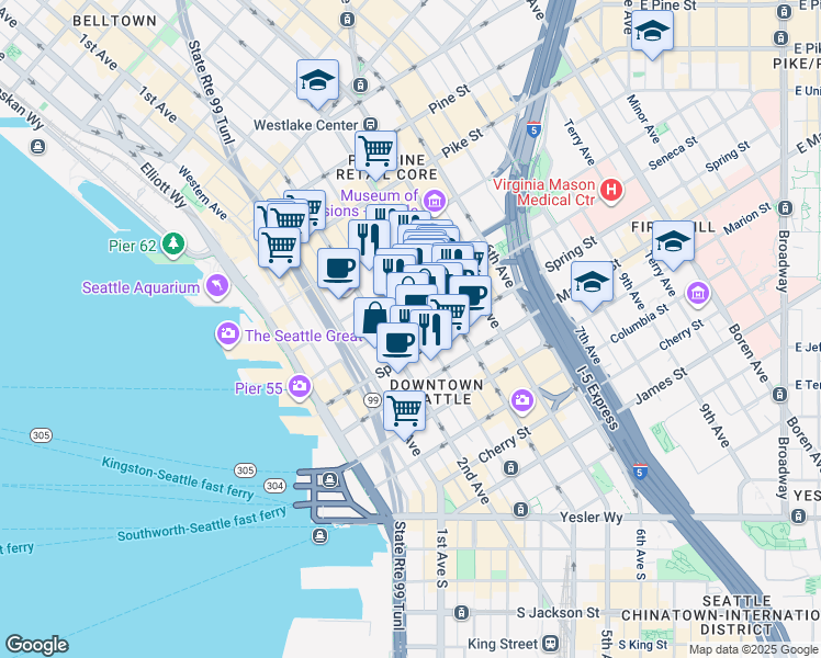 map of restaurants, bars, coffee shops, grocery stores, and more near in Seattle