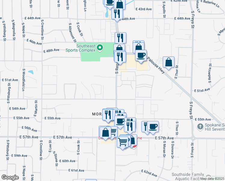 map of restaurants, bars, coffee shops, grocery stores, and more near 2727 East 53rd Avenue in Spokane