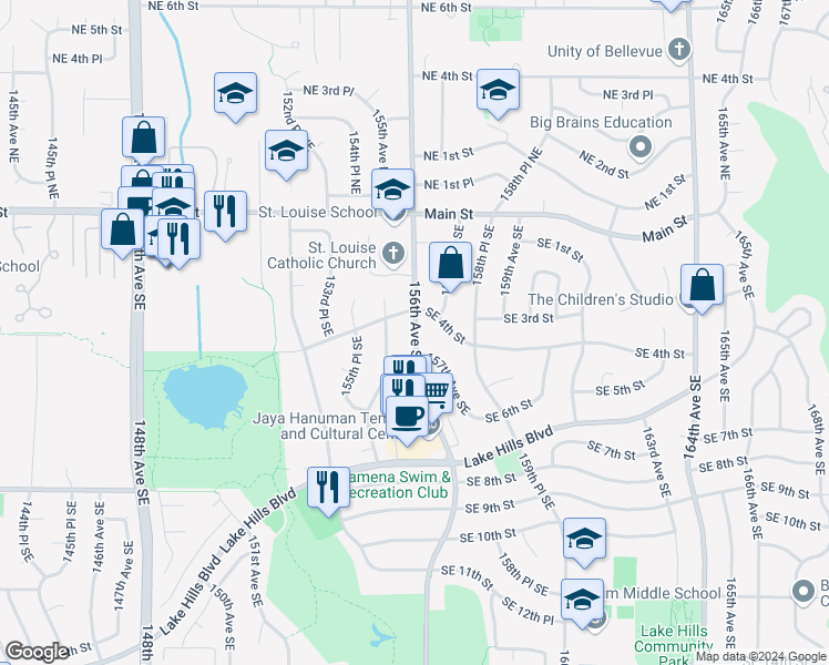 map of restaurants, bars, coffee shops, grocery stores, and more near 15615 Southeast 4th Street in Bellevue