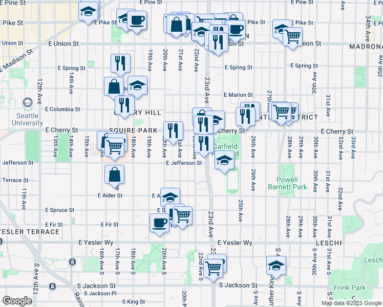 map of restaurants, bars, coffee shops, grocery stores, and more near 523 22nd Avenue in Seattle