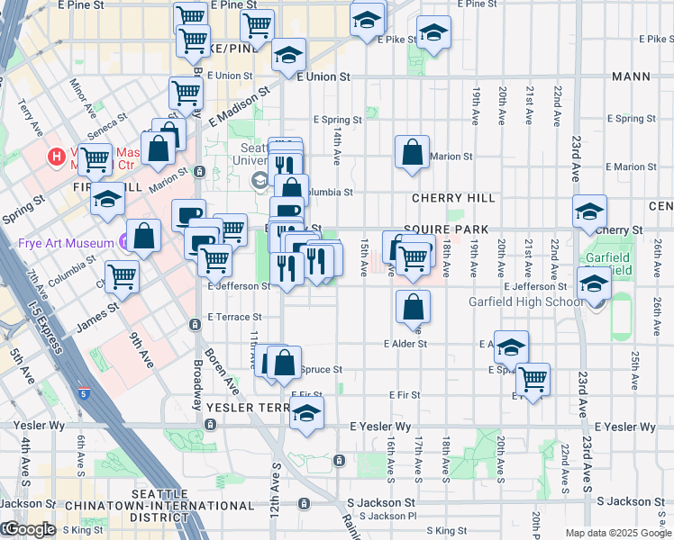map of restaurants, bars, coffee shops, grocery stores, and more near 1323 East Cherry Street in Seattle