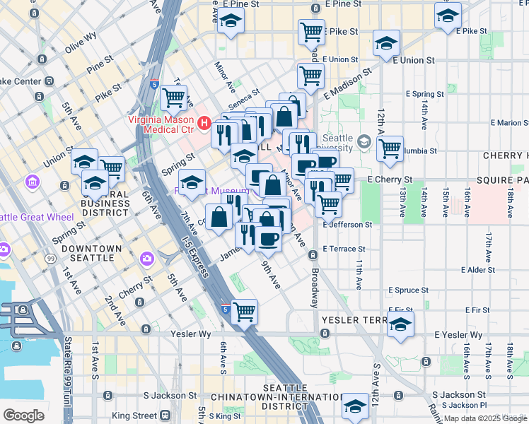 map of restaurants, bars, coffee shops, grocery stores, and more near 615 Boren Avenue in Seattle