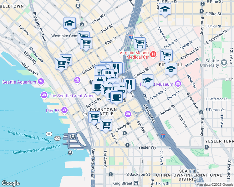 map of restaurants, bars, coffee shops, grocery stores, and more near 1000 4th Ave in Seattle