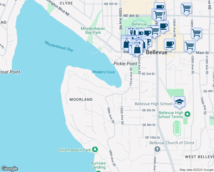 map of restaurants, bars, coffee shops, grocery stores, and more near 9810 Southeast Shoreland Drive in Bellevue