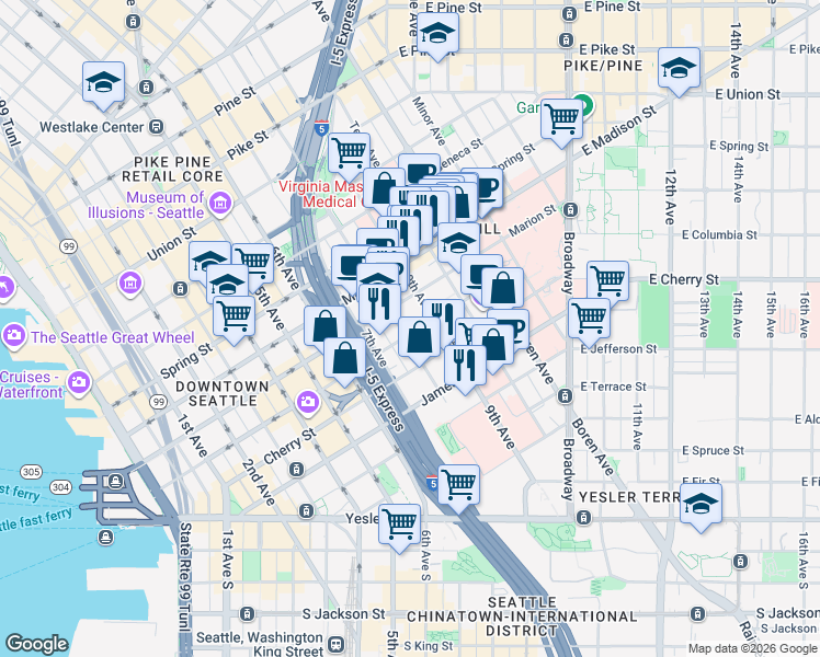 map of restaurants, bars, coffee shops, grocery stores, and more near in Seattle