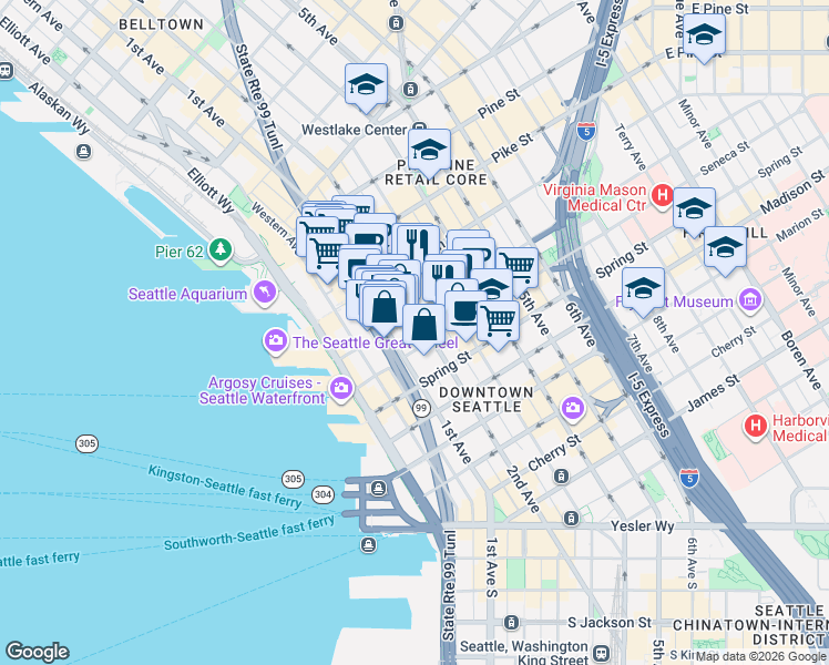 map of restaurants, bars, coffee shops, grocery stores, and more near 1201 2nd Avenue in Seattle