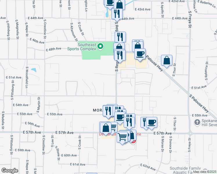 map of restaurants, bars, coffee shops, grocery stores, and more near 2525 East 53rd Avenue in Spokane