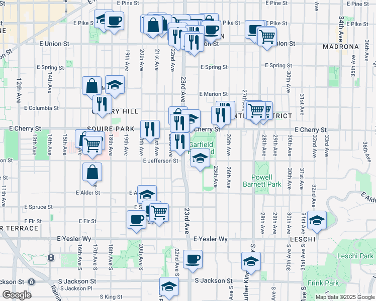 map of restaurants, bars, coffee shops, grocery stores, and more near 500 23rd Avenue in Seattle