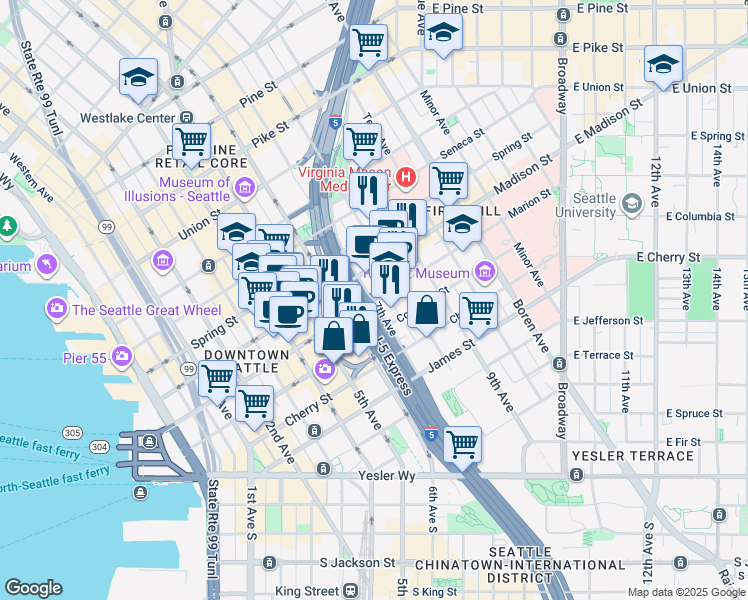 map of restaurants, bars, coffee shops, grocery stores, and more near 904 7th Avenue in Seattle