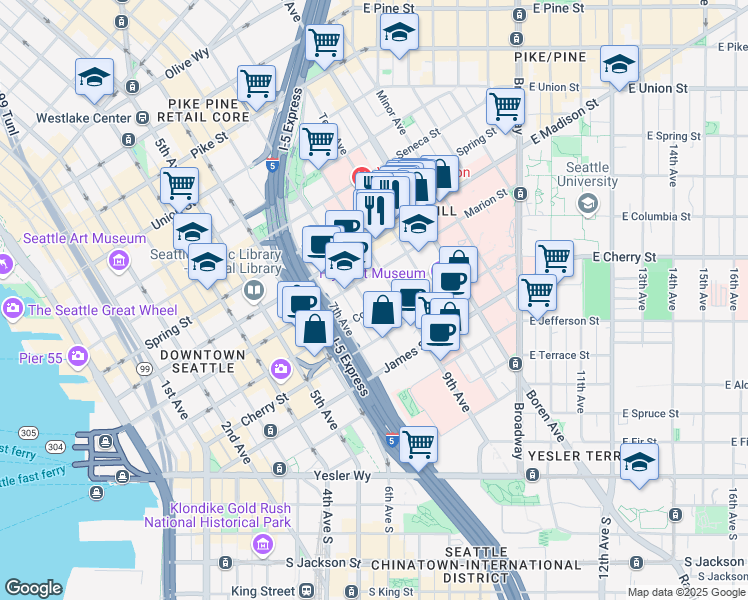 map of restaurants, bars, coffee shops, grocery stores, and more near in Seattle