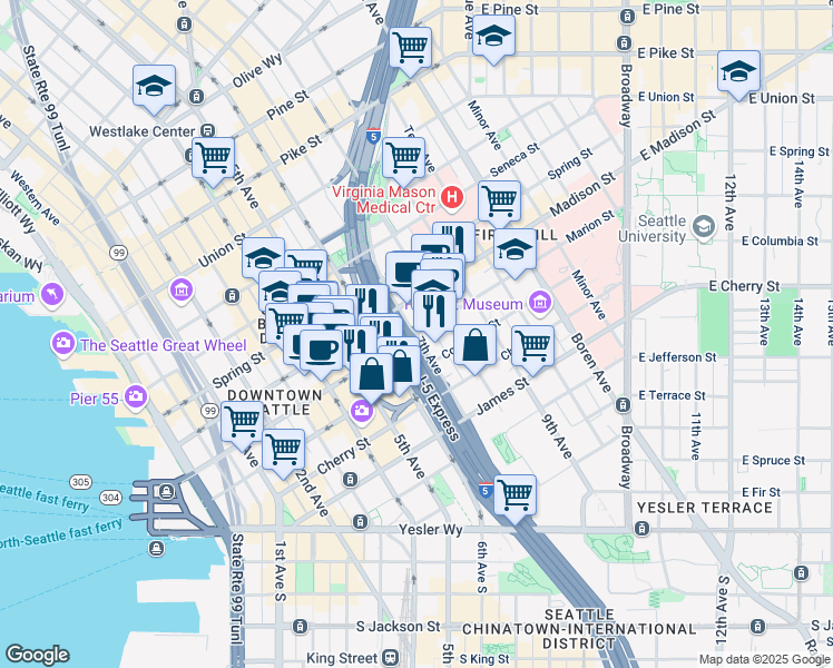 map of restaurants, bars, coffee shops, grocery stores, and more near 904 7th Avenue in Seattle
