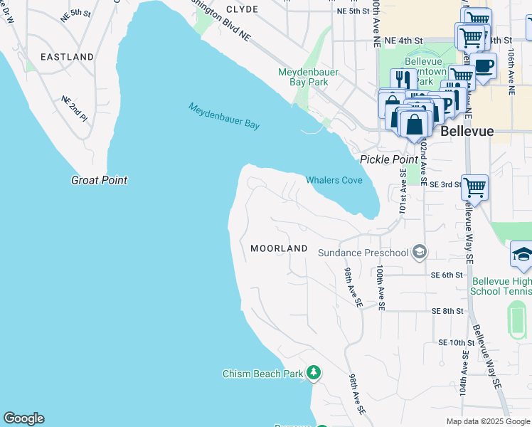 map of restaurants, bars, coffee shops, grocery stores, and more near 9310 Southeast 5th Street in Bellevue