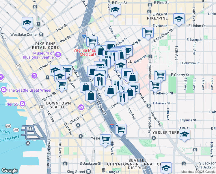 map of restaurants, bars, coffee shops, grocery stores, and more near 800 Columbia Street in Seattle