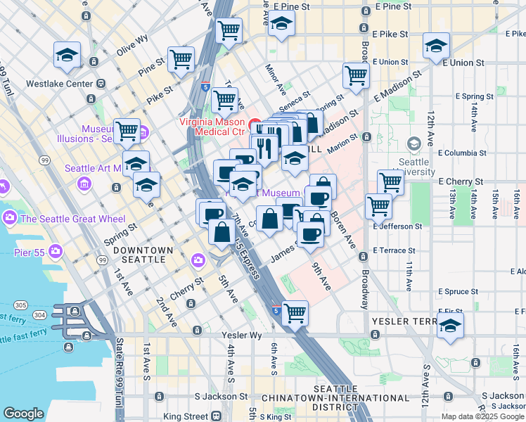 map of restaurants, bars, coffee shops, grocery stores, and more near in Seattle