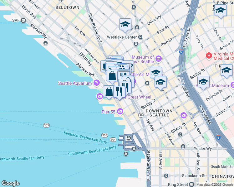 map of restaurants, bars, coffee shops, grocery stores, and more near 1319 Western Avenue in Seattle