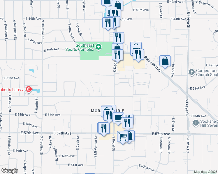 map of restaurants, bars, coffee shops, grocery stores, and more near 2727 East 53rd Avenue in Spokane