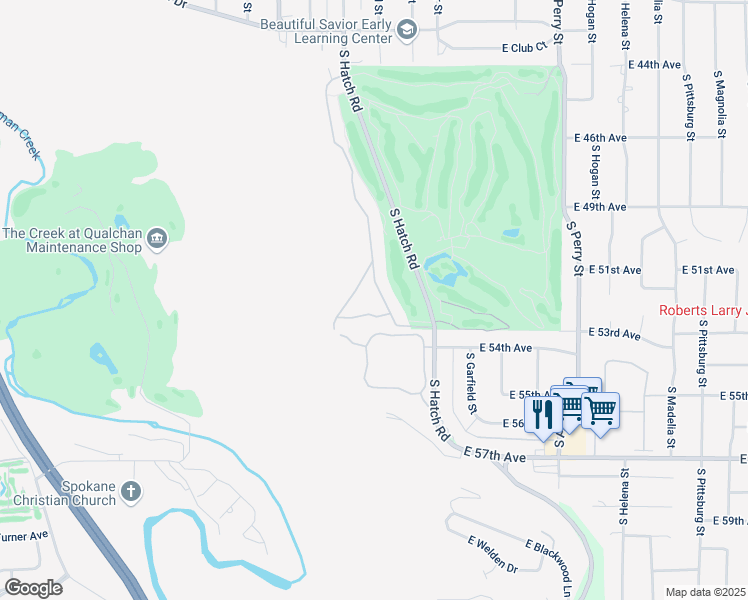map of restaurants, bars, coffee shops, grocery stores, and more near 5202 South Muirfield Lane in Spokane