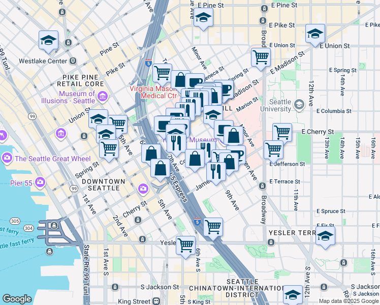 map of restaurants, bars, coffee shops, grocery stores, and more near 800 Columbia Street in Seattle