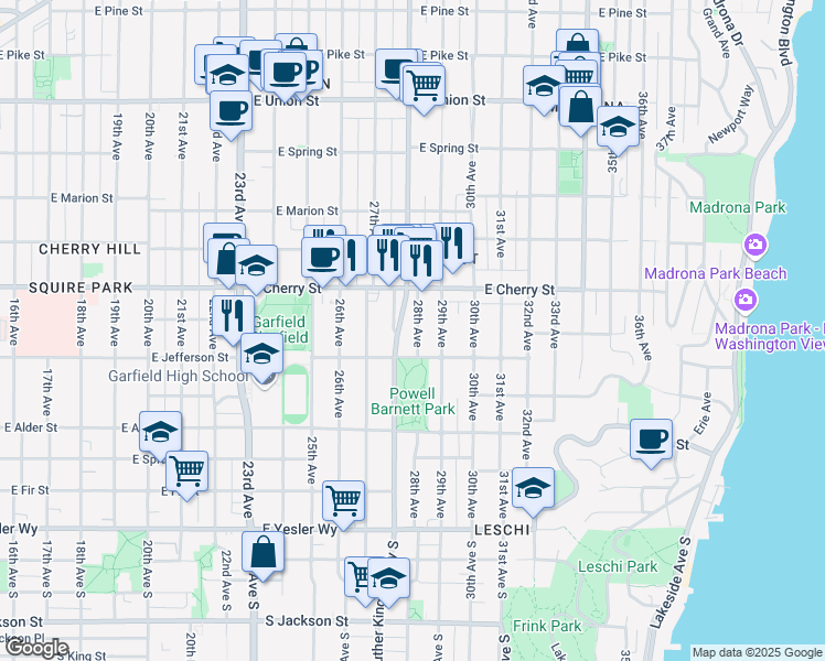 map of restaurants, bars, coffee shops, grocery stores, and more near 523 28th Avenue in Seattle