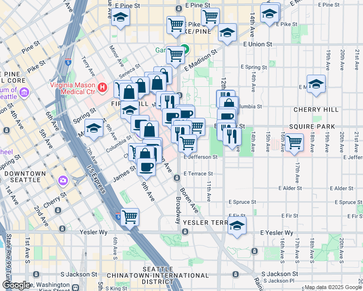 map of restaurants, bars, coffee shops, grocery stores, and more near 550 Broadway in Seattle