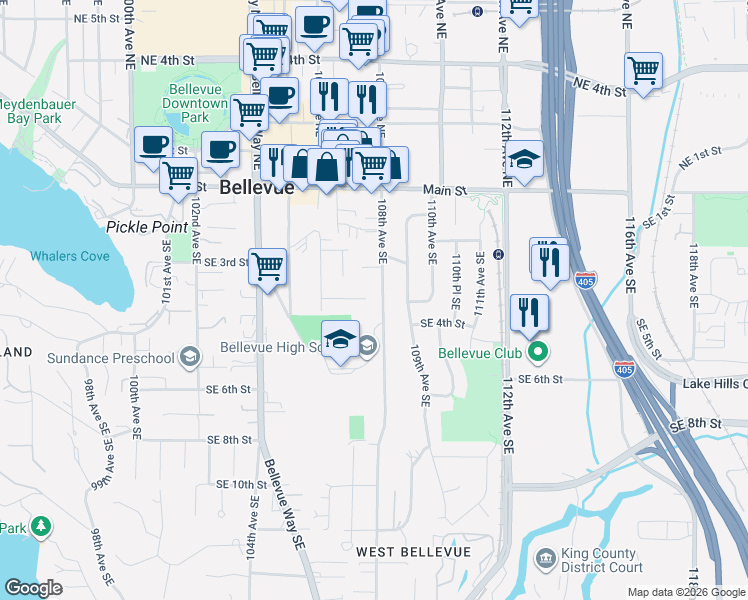 map of restaurants, bars, coffee shops, grocery stores, and more near 218 108th Avenue Northeast in Bellevue