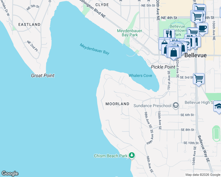 map of restaurants, bars, coffee shops, grocery stores, and more near 9310 Southeast 5th Street in Bellevue