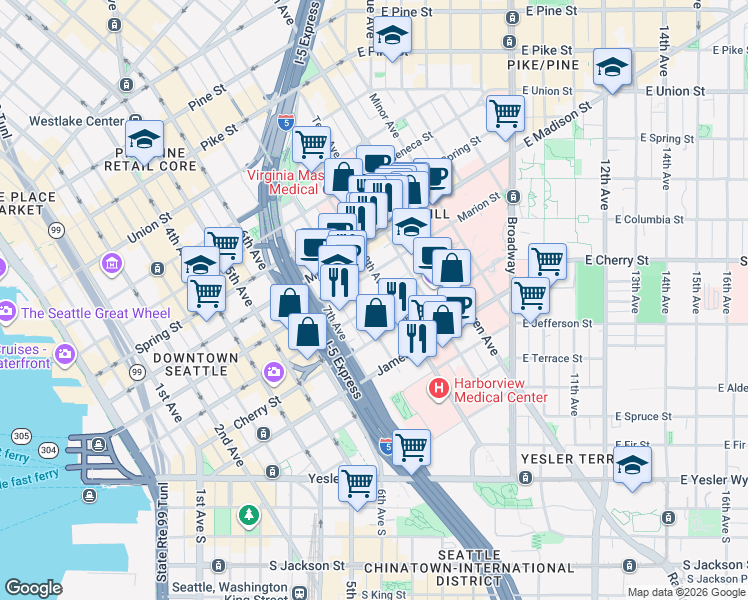 map of restaurants, bars, coffee shops, grocery stores, and more near in Seattle