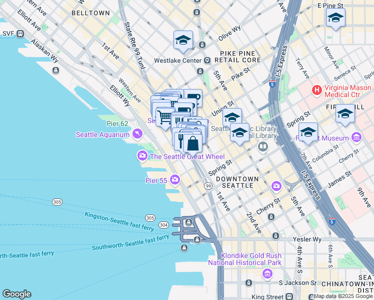 map of restaurants, bars, coffee shops, grocery stores, and more near 1301 1st Avenue in Seattle