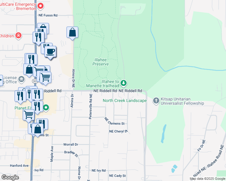 map of restaurants, bars, coffee shops, grocery stores, and more near 2400 Northeast Riddell Road in Bremerton